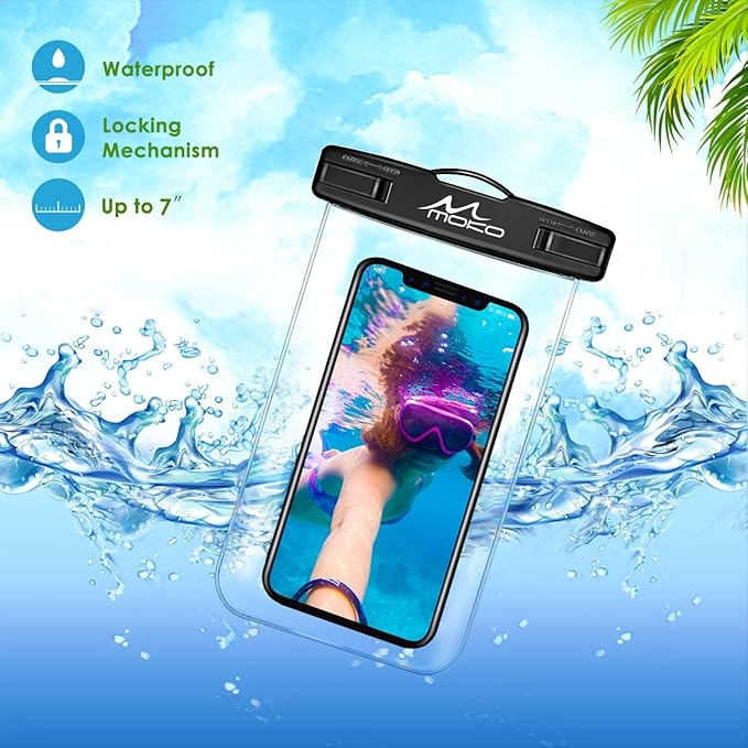 MoKo Waterproof Phone Pouch 2Pack, Underwater Phone Case Dry Bag with Lanyard Compatible with iPhone 16 14 13 12 11 Pro Max X/Xr/Xs Max/SE 3, Samsung S21/S10/S9, Note 10/9/8, Black+Black