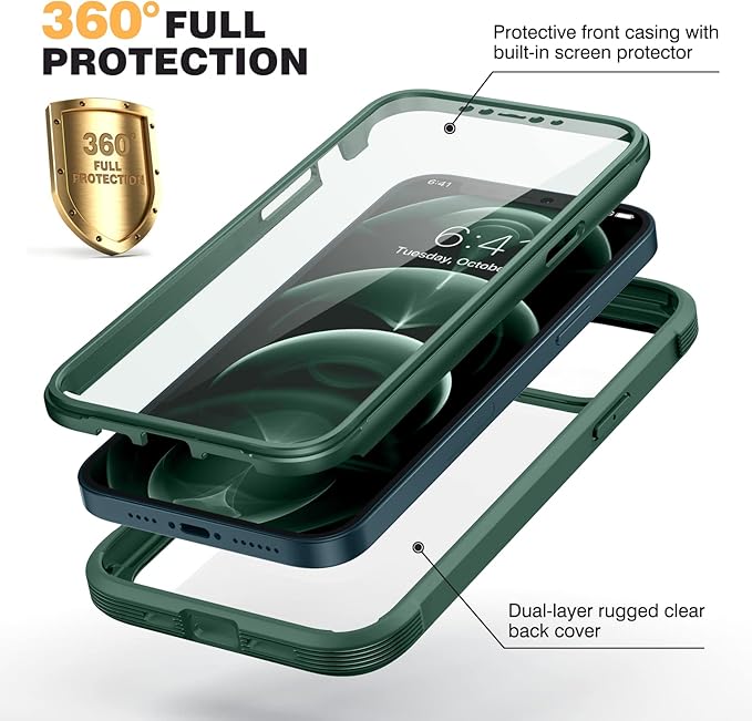 Miracase Designed for iPhone 12 Pro Max Case, Full Body Rugged Case with Built-in Touch Sensitive Anti-Scratch Screen Protector, Soft TPU Case Compatible with iPhone 12 Pro Max 6.7", Dark Green
