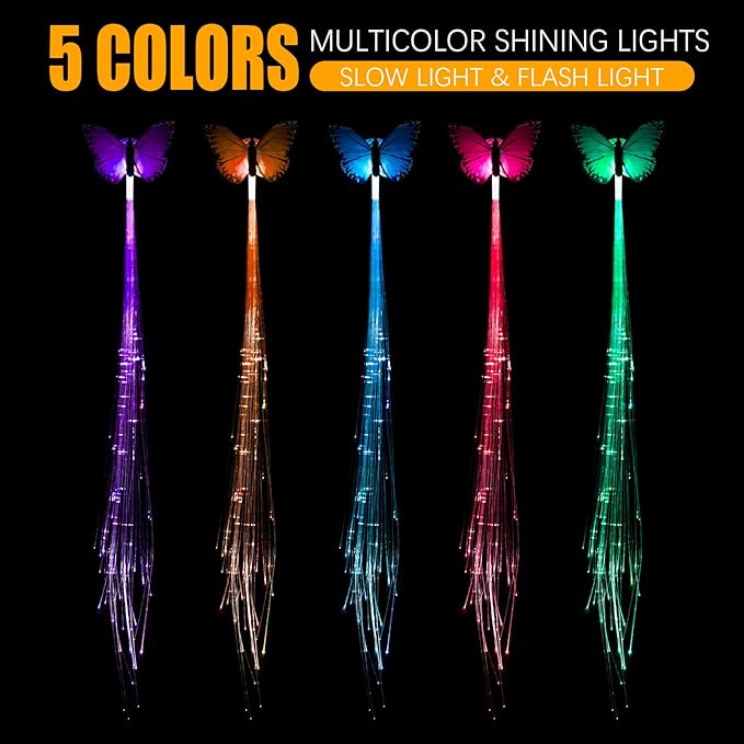 12 Pack Led Light Up Fairy Hair Accessories Braid Extension Butterfly Clips for Women Girls, Glow in the Dark Party Favors Supplies Neon Rave Accessories Wig for Festival Halloween Christmas Birthday