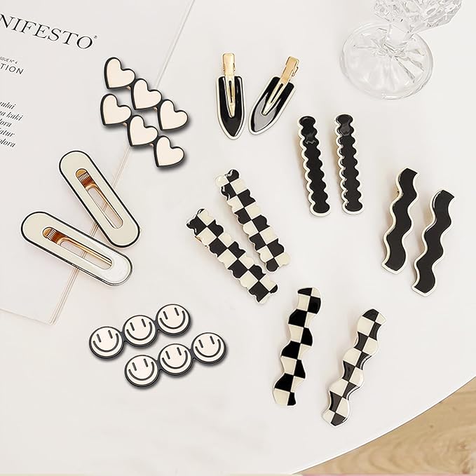 16 Pieces Women's Hair Clips, Black & White Plaid Cute Hair Clips, Simple Geometric Duckbill Clips, No Bend Korean Styling Minimalist Hair Accessories, Women's Gifts