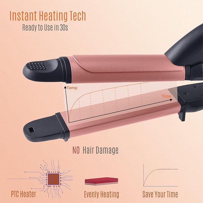 2 in 1 Flat Iron Curling Iron in One, Travel Hair Straightener and Curler Dual Voltage Mini Straightener Curler Combo with 1 Inch Ceramic Plate Rose Gold