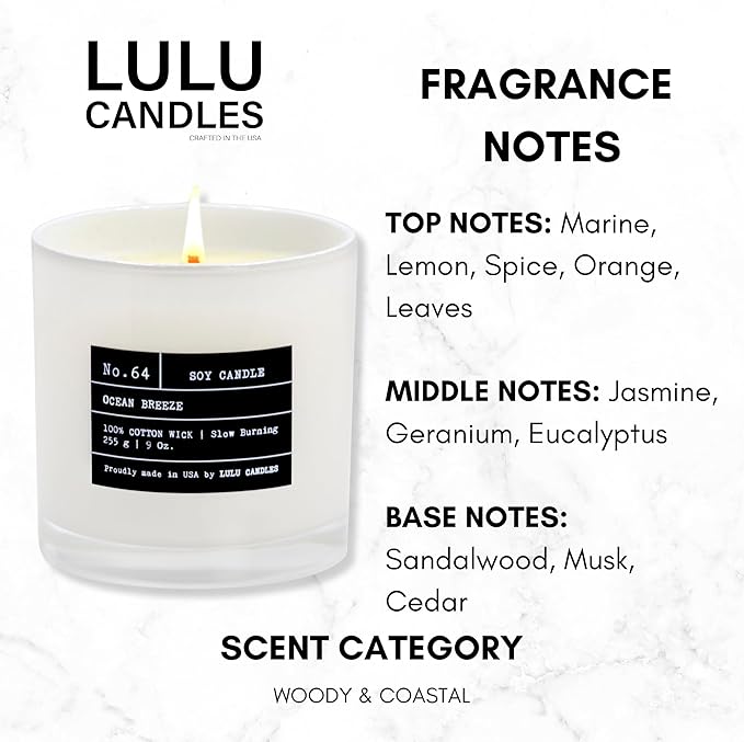 Lulu Candles | Ocean Breeze | Luxury Scented Soy Jar Candle | Hand Poured in The USA | Highly Scented & Long Lasting (9 Oz.)