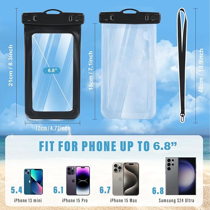2 Pcs Waterproof Phone Pouch, Universal IPX8 Waterproof Phone Case for iPhone 16 15 pro max 14 13 12 11 Plus XS XR Samsung S24 S23 up to 6.8'', Water Proof Dry Bag for Swimming Kayak Beach Vacation