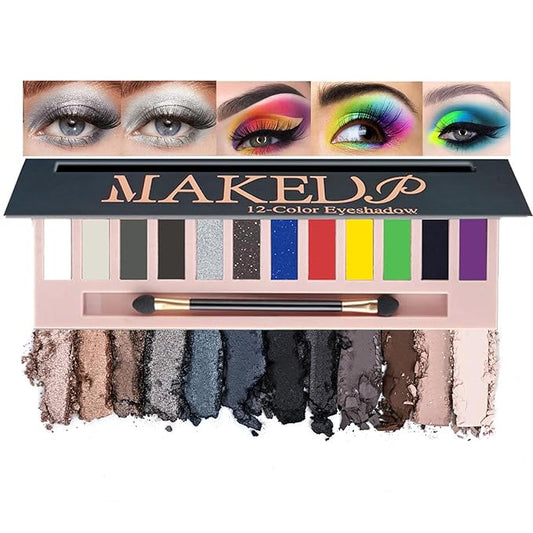 BestLand 12 Colors Black Silver Eye Makeup Eyeshadow Palette Natural Nude Matte Shimmer Glitter Pigment Eye Shadow Pallete Set Waterproof Smokey Rainbow Neon Colorful Eyeshadow Palette (Color D)