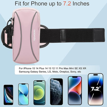 Arm Band for Phone for Running, Small Crossbody Purses for Women Men, Arm Phone Holder for Running Hiking with Reflective Stripes, Cell Phone Running Armbands for iPhone Samsung 7.2 Inch (Pink)