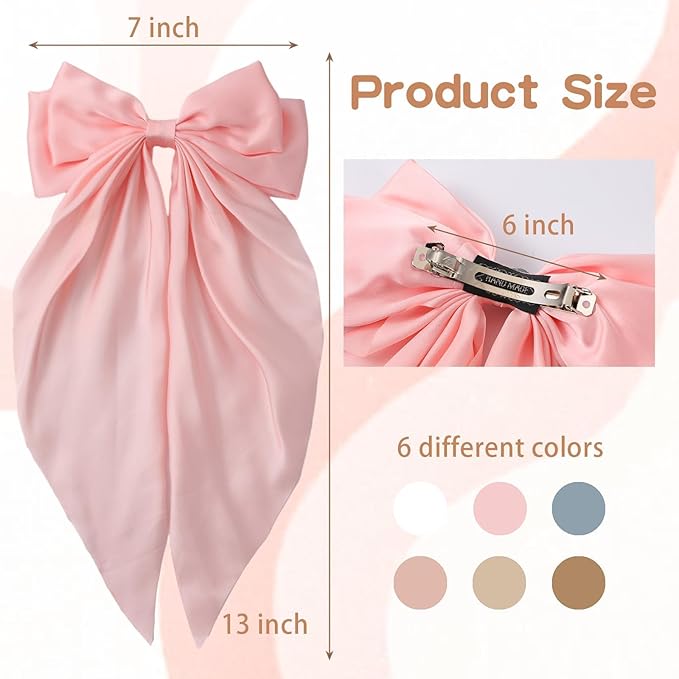 6 PCS Hair Bows for Women, Big Bow Hair Clips for Girls, Silky Satin Hair Bows Clips Oversized Long Tail, Large Hair Barrettes Cute Hair Accessories, Metal Bow Hair Clips khaki color