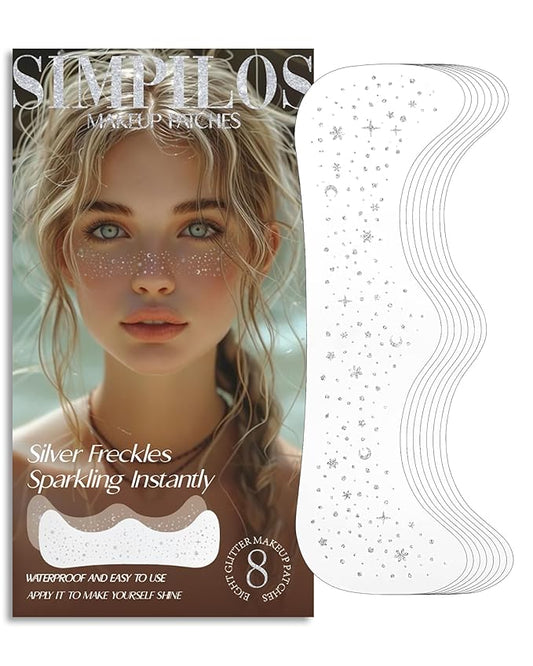 Glitter Freckles, Face Makeup Patches for Kids Women Girls, Silver Rave Glitter for Face, Singer Concerts Festival Holiday Rave Accessories - 8 Counts