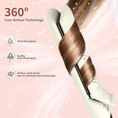 360° Airflow Styler Curling Iron, 1.25 Inch Hair Straightener and Curler 2 in 1, LED Display Curling Flat Iron with Cooling Air Vents to Lock in Style, Adjustable Temp Curling Wand (White)