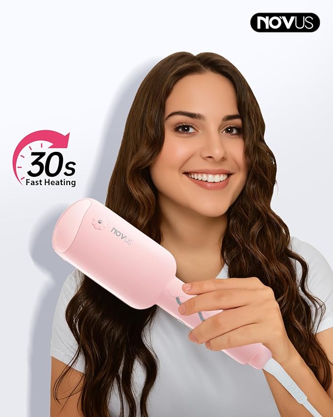 NOVUS Waver Curling Iron, Beach Waves Curling Wand, Ionic Hair Waver with Anti-Scald Hair Crimper, Easy to Use, 2 Barrel Hair Crimper for Short Hair Women, Pink, 1.25 Inch