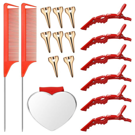 17 Pieces Red Hair Parting Tools Set Heart, Included 8P Hair Parting Ring 2P Metal Rat Tail Comb 6P Hair Sectioning Clip with 1P Magnetic Wrist Sewing Pin Holder for Braiding