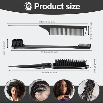 3 Pcs Slick Back Hair Brush, Rat Tail Comb, Edge | Bristle Brush, Hair Accessories for Girls, Kids, Toddlers Sleek Ponytail/Bun, Edge Control and Smoothing Baby Hair & Flyaways