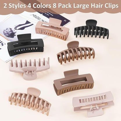 TOCESS Big Hair Claw Clips for Women - Neutral Large Claw Clip for Thin Thick Curly Hair 90's Strong Hold 4.33 Inch Nonslip Matte Jumbo Hair Clips (8 Pcs)