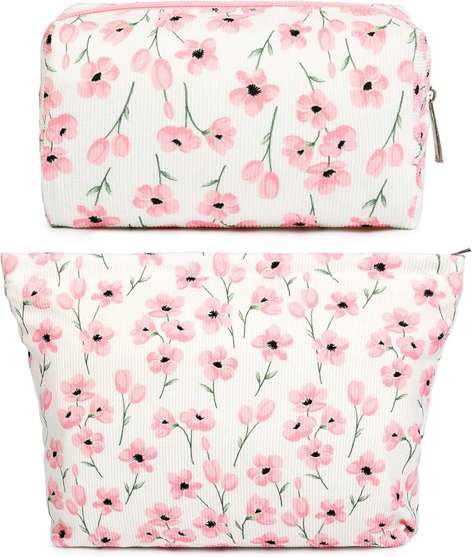 2 Pieces Flower Makeup Bag Large Floral Cosmetic Bag Capacity Canvas Mix Travel Toiletry Bag Organizer Cute Makeup Brushes Aesthetic Accessories Storage Bag for Women, Flower Mix Pink