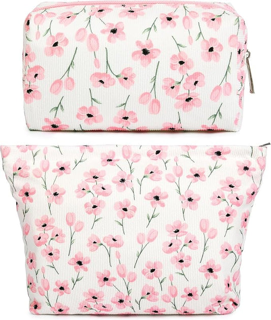 2 Pieces Flower Makeup Bag Large Floral Cosmetic Bag Capacity Canvas Mix Travel Toiletry Bag Organizer Cute Makeup Brushes Aesthetic Accessories Storage Bag for Women, Flower Mix Pink