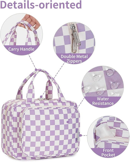 Narwey Travel Toiletry Bag for Women Large Hanging Makeup Bag Organizer Toiletries Bag for Full Size Essentials Accessories Cosmetics (Purple Checkerboard (Large))
