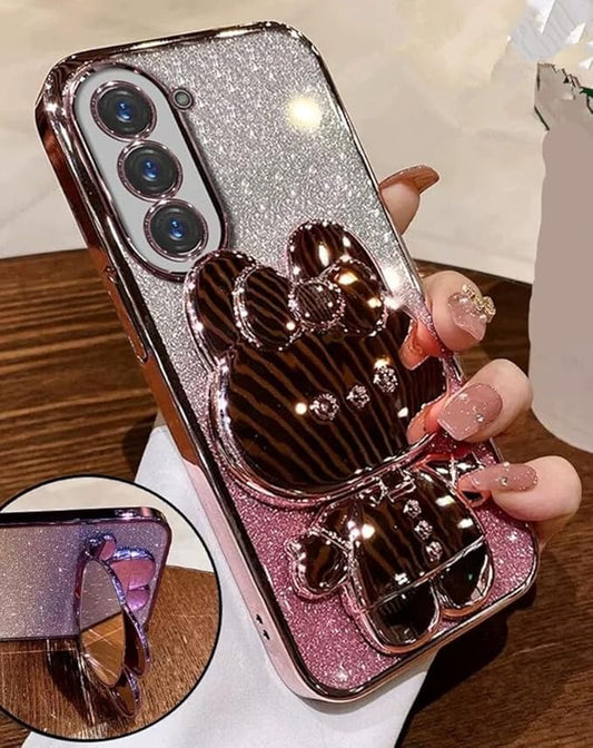 for Samsung Galaxy A16 5G Case for Women Cute Hidden Rabbit Bunny Mirror Stand,Plating Girly Glitter Gradient Layer Crystal Clear Soft Silicone Shockproof Phone Case for Samsung A16 5G Pink