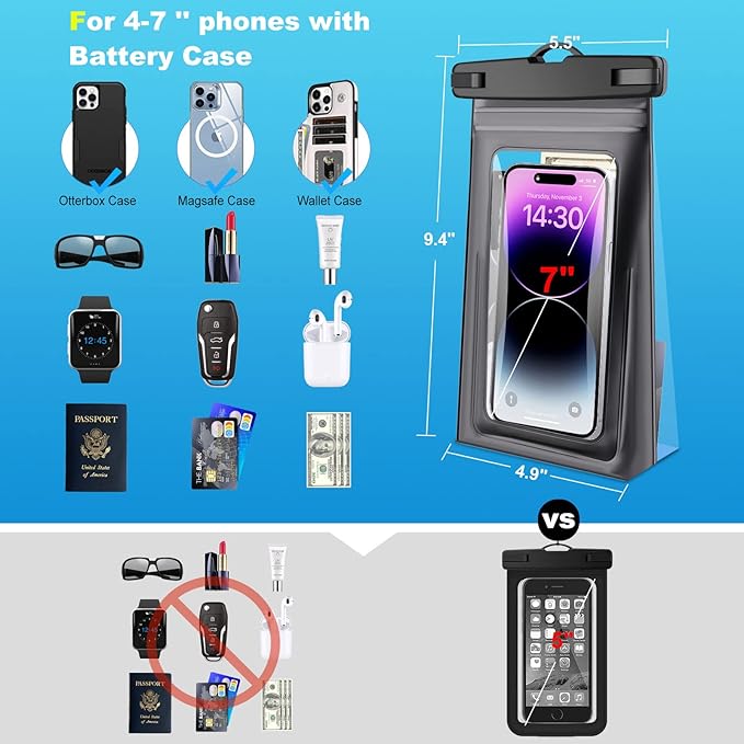 2Pack 9" Large Waterproof Phone Pouch Floating [with Zip Lock Seal], Cell Phone Dry Bag for iPhone 15 14 13 12 11 Plus Pro Max Samsung S23 S22 Ultra Water Proof Case Holder for Swimming