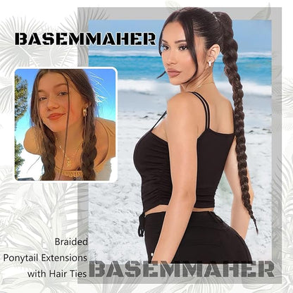2Pcs Braided Ponytail Extensions with Hair Ties Soft Synthetic Hair Pieces Straight Wrap Around Hair Extensions Pony Tail Hairpieces Accessories for Women Daily Wear 16 Inch (Brownish Black)