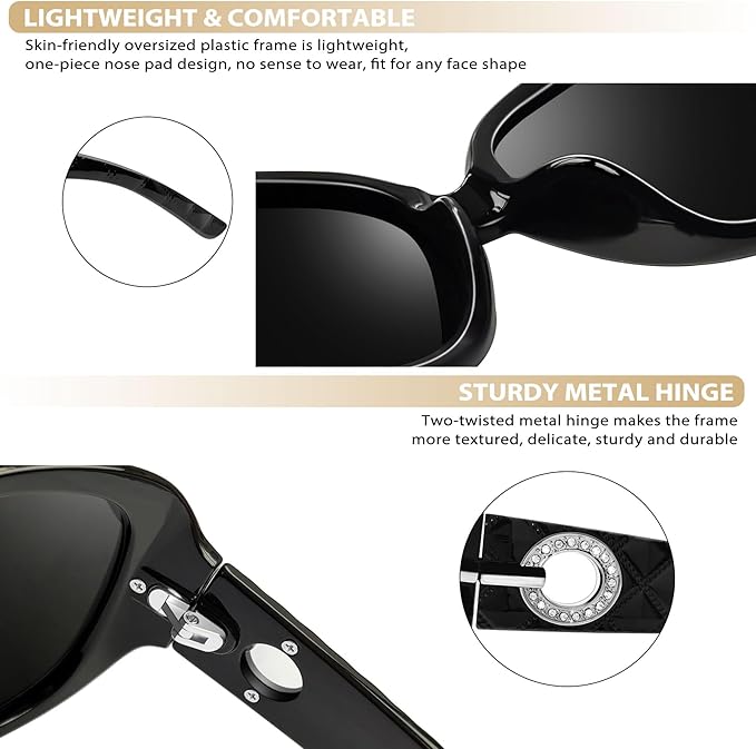 Joopin Big Womens Sunglasses Polarized Trendy Sun Glasses Large Rectangle UV Protection Rhinestone Sunnies