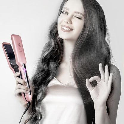 ANGENIL Flat Iron Wide 1.6 Inch Hair Straightener for Thick Hair, Dual Voltage Hair Straightener and Curler 2 in 1, Ceramic Flat Iron with Silicone Heat Resistant Mat Pouch, Fast Heating, LCD Display