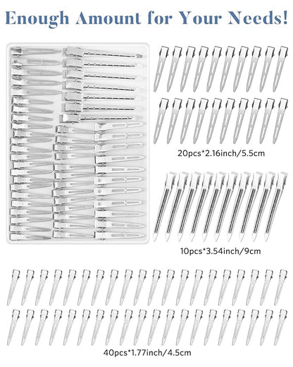 3 Sizes Metal Hair Styling Clips 70PCS, MORGLES No Crease Alligator Clips for Hair Rollers with 2pcs Parting Comb for Braids, Coloring and Styling