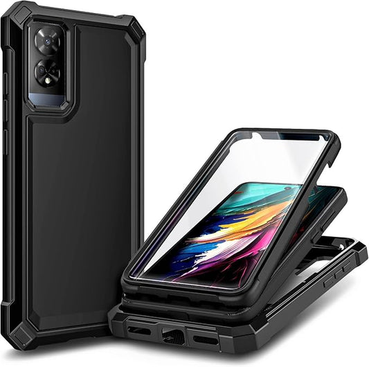 Designed for TCL K32 5G Phone Case with Screen Protector, [Raised Corners Drop Protection] Full-Body Protective Shockproof Rugged Bumper Cover (Black)