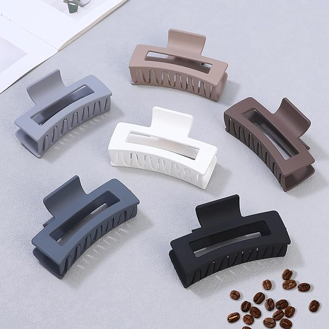 3.5 Inch Medium Hair Claw Clips 6 Pack for Women - Square Rectangle Banana Jaw Clips Accessories for Girls - Brown Grey