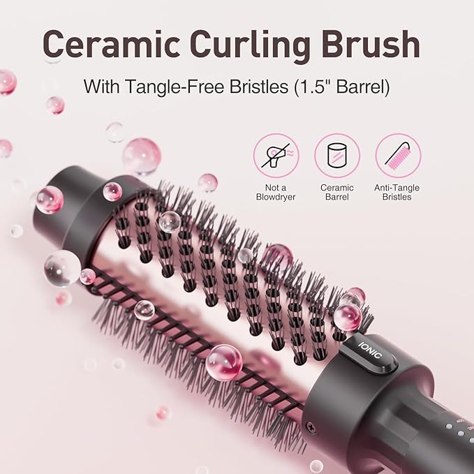 1.5 Inch Thermal Brush Blowout with 5 Temp Settings, Universal Voltage Hair Curling Iron, Ceramic Ionic Thermal Round Curling Brush Suitable for Medium and Long Hair, Rose Gold