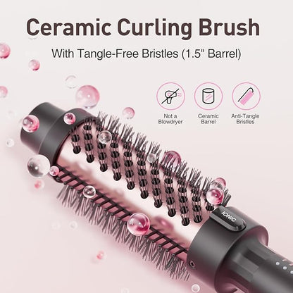 1.5 Inch Thermal Brush Blowout with 5 Temp Settings, Universal Voltage Hair Curling Iron, Ceramic Ionic Thermal Round Curling Brush Suitable for Medium and Long Hair, Rose Gold