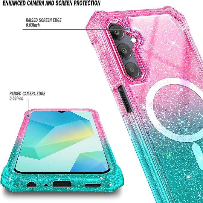 Designed for Samsung Galaxy A36-5G Phone Case, Magnetic Compatible with MagSafe, [Raised Corners Drop Protection] Shockproof Protective Bumper Cover (Glitter Pink/Aqua)