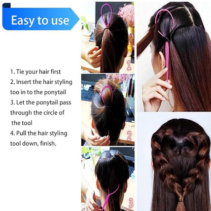 6pcs Pony Hair Tail Tools, Hair Loop Styling Tool French Braiding Hair Tool, Hair Braid Accessories Ponytail Maker for Women Girls, Ponytail Hair Pull Through Tool (2pink+2blue+2purple)