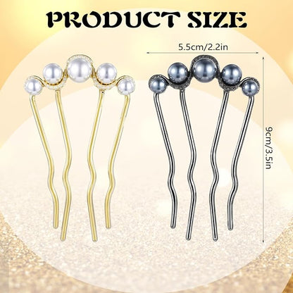 2Pcs Pearl U Shaped Hair Pins Metal Hair Fork Clips, Elegant Bridal Hair Side Comb Hair Pin for Women Girls, French Pearl Hair Styling Accessories for Bridal Wedding Daily Party Holiday