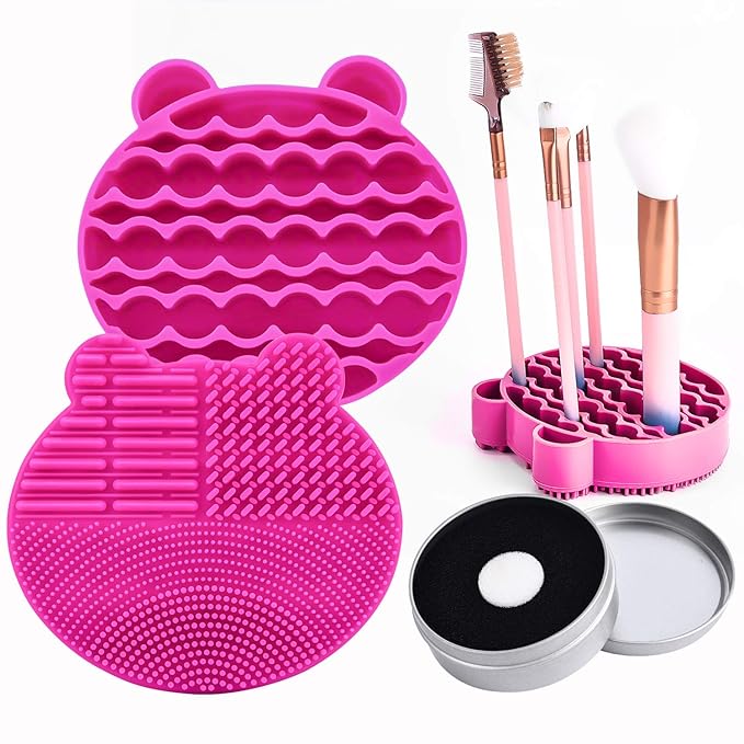 Silicon Makeup Brush Cleaner Mat with Brush Drying manual Make up brush cleaner cleanser machine Cosmetic Brush Cleaning Pad+Makeup Brush Dry Cleaned Quick Color Removal Sponge Scrubber Tool(Rose Red)