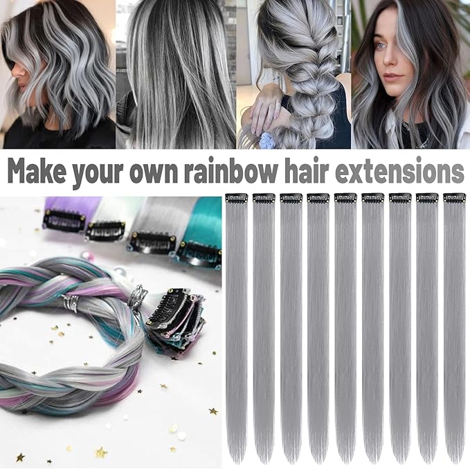 22 inch Colored Hair Extensions Straight Hairpiece, Multi-colors Party Highlights Clip in Synthetic Hair Extensions for Girls Women Kids Favor Gift(10 PCS Grey)