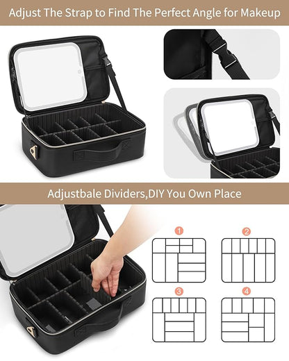 MONSTINA Makeup Bag with LED Mirror,Makeup Case with Lighted Mirror Professional Makeup Artist Organizer Travel Bag with Adjustable Dividers,3 Light Brightness,Black