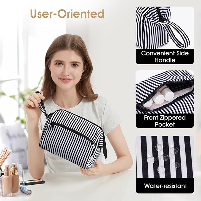 Narwey Striped Makeup Bag Women Wide-open Make up Bag Travel Cosmetic Bag Organizer Toiletry Bag for Cosmetics Toiletries Accessories (Black Stripe)