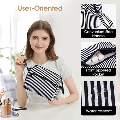 Narwey Striped Makeup Bag Women Wide-open Make up Bag Travel Cosmetic Bag Organizer Toiletry Bag for Cosmetics Toiletries Accessories (Black Stripe)
