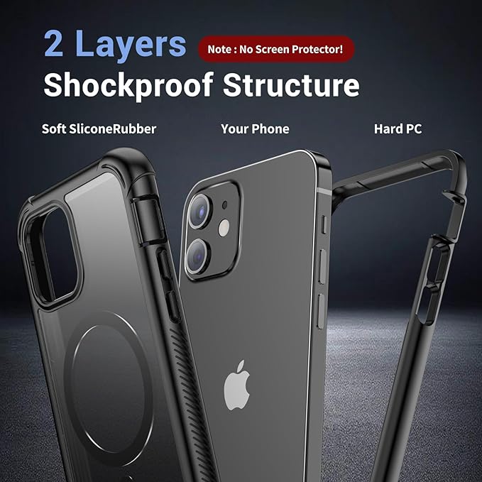 for iPhone 12 Case/iPhone 12 Pro Case, [Compatible with MagSafe][Military Grade Drop Protection][Heavy Duty Protection][Non-Slip][Shockproof] with 2-Layer Durable Bumper Phone Case 6.1''-Black