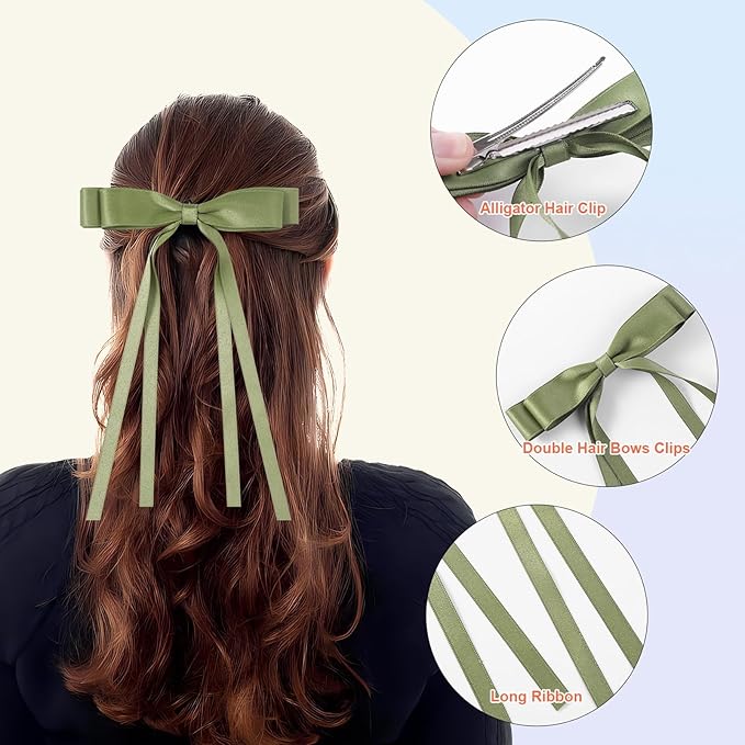 10 PCS Satin Hair Accessories: Double Hair Ribbon Ponytail Holders, Metal Hair Clips and Bows for Women and Girls in Black and White