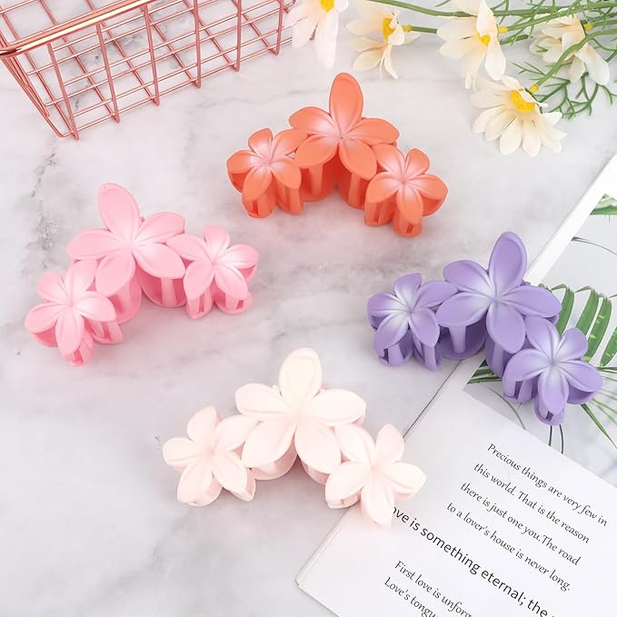 ANBALA 4PCS Flower Claw Hair Clips, Large Plumeria Hair Accessories for Women and Girls - Colorful Hawaiian Non-Slip Strong Hold Clips for Thick Hair