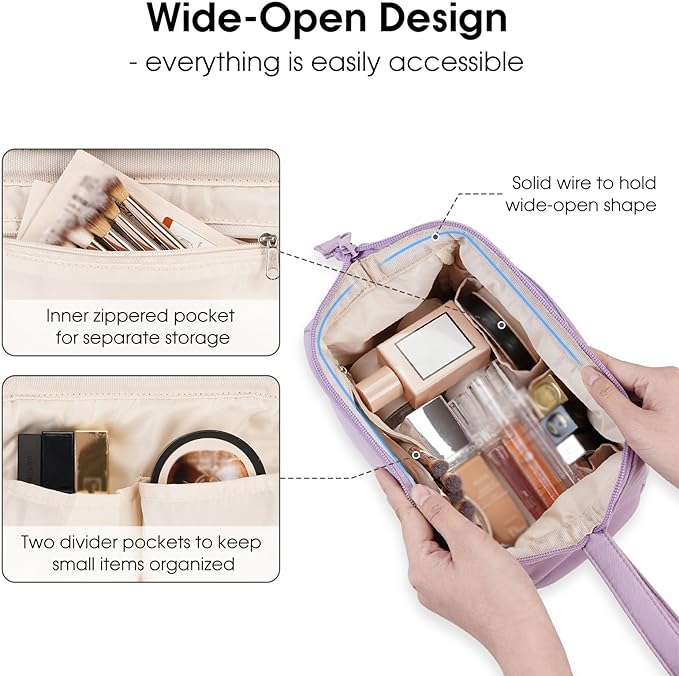 Narwey Makeup Bag Women Wide-open Make up Bag Travel Cosmetic Bag Organizer Toiletry Bag for Cosmetics Toiletries Accessories (Purple)