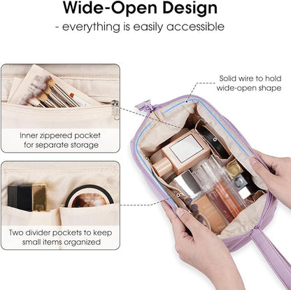 Narwey Makeup Bag Women Wide-open Make up Bag Travel Cosmetic Bag Organizer Toiletry Bag for Cosmetics Toiletries Accessories (Purple)