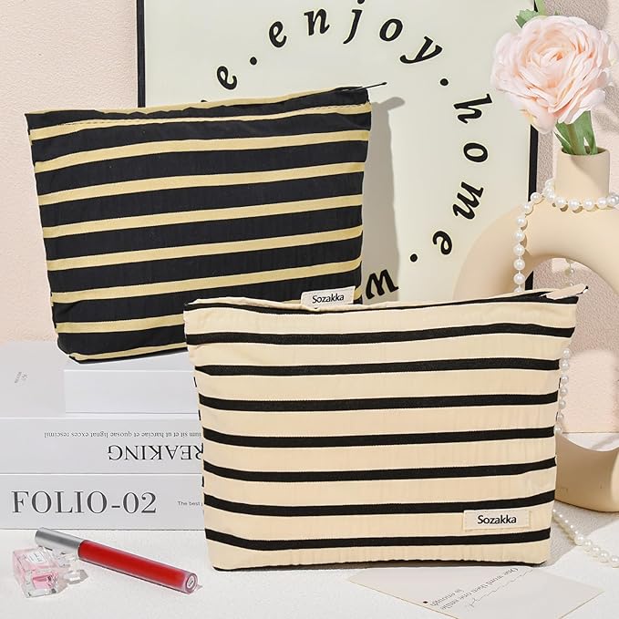 2 Pieces Makeup Bag Large Stripe Cosmetic Bag Capacity Canvas Travel Toiletry Bag Organizer Cute Makeup Brushes Aesthetic Accessories Storage Bag for Women, Stripe L Black White