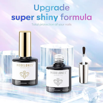 modelones Gel Top Coat, 15 ml 2025 Upgrade Super Shiny Base and Top Coat Set, Soak Off Nail Lamp Acid Free No Wipe Clear Base Top Gel Nail Polish