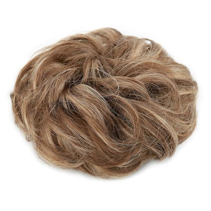 MORICA 1PCS Messy Hair Bun Hair Scrunchies Extension Curly Wavy Messy Bun Hair Synthetic Chignon Hairpieces for Women(12H24#(Light Golden Brown & Pale Golden Blonde))