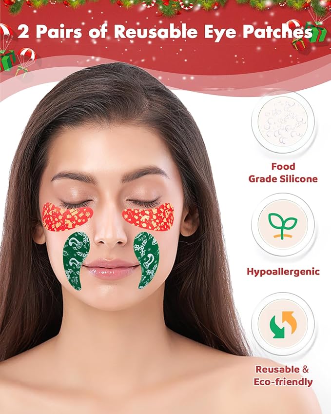 2 Pairs Reusable Under Eye Wrinkle Patches Silicone Mask, Plump Fine Lines & Wrinkles, with Metal Eye Cream Applicator, Tin Case, Red & Green