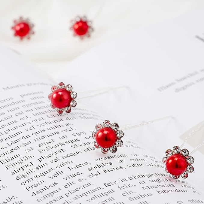20 Pack (Red) Pearl Crystal Hair Pins Flower Rhinestone Hair Clips for Bridal Wedding Women Hair Jewelry Accessories, with Clear Container