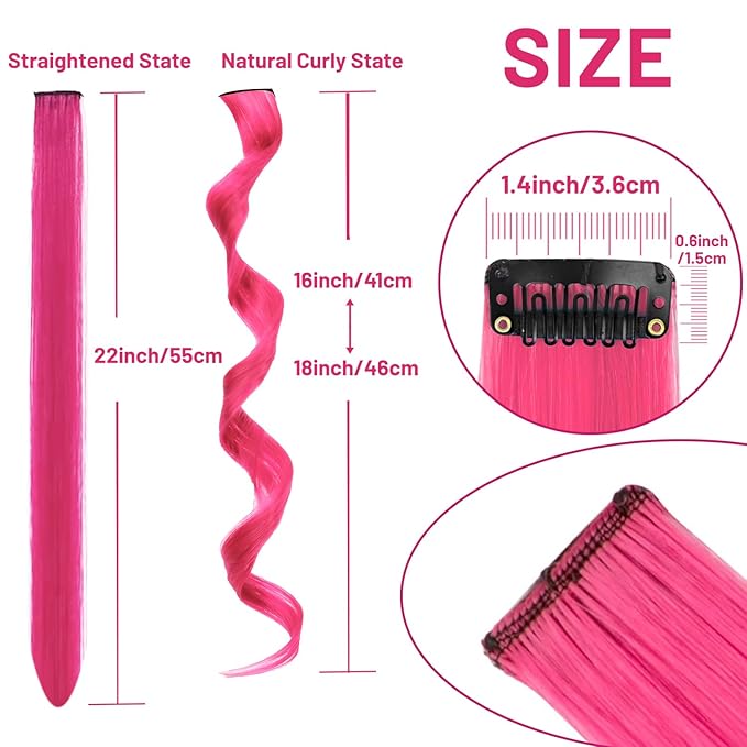 16 Pcs Colored Hair Extensions Curly Wavy Clip in Synthetic Hairpiece Streak for Girls Women Kids, Multi-colors Party Highlights Cosplay Festival Favor Gift(Hot Pink)