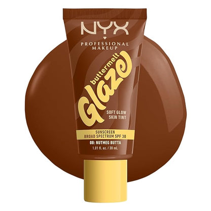 NYX PROFESSIONAL MAKEUP Buttermelt Glaze Soft Glow Skin Tint + SPF 30, Up To 12HR Wear, 08 Nutmeg Butta