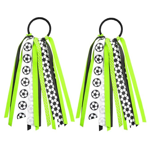 2pcs Soccer Ponytail Holders Hair Ribbons Streamer Green Black Soccer Elastic Hair Ties Band Hair Scrunchies Game Day Party Accessories Back School Gift for Women Cheerleader Fans